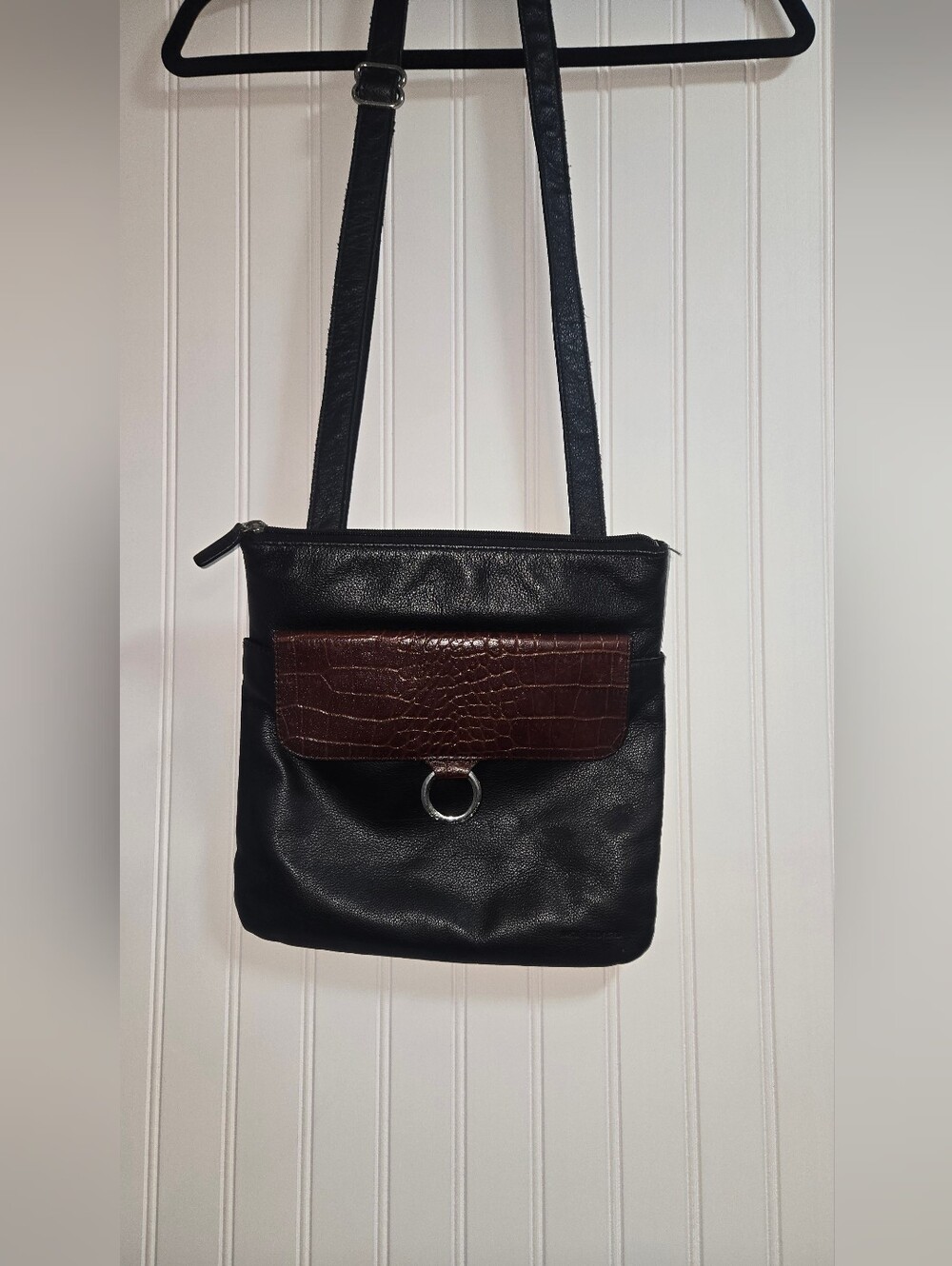 Two-Tone Black and Brown Croc-Accent Crossbody Bag